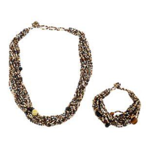 Champagne and Ivory Glass Seed Bead Necklace (Approx 26 Inches) and Bracelet (7.